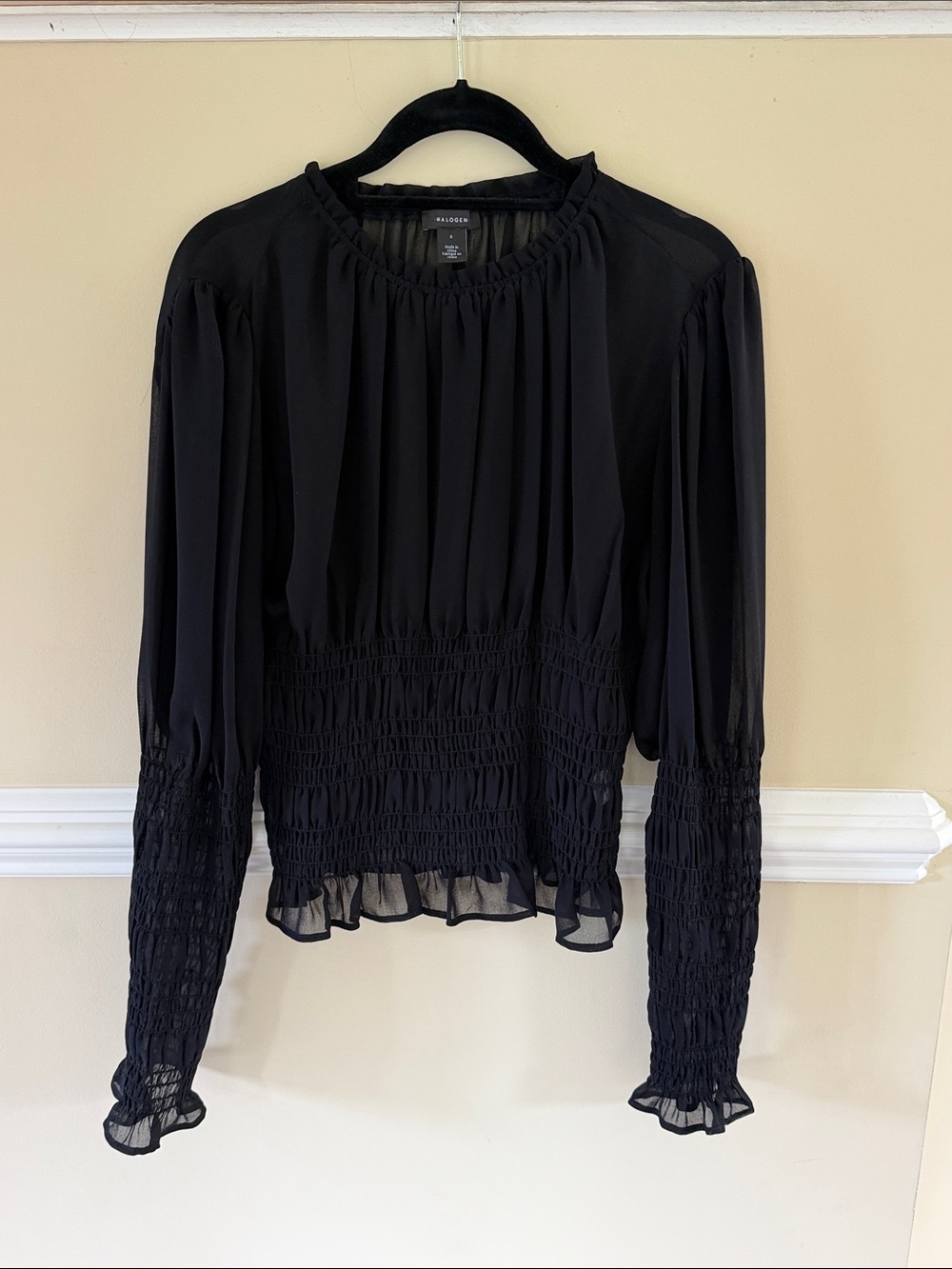 Halogen Black Smocked-Waist Long Sleeve Blouse